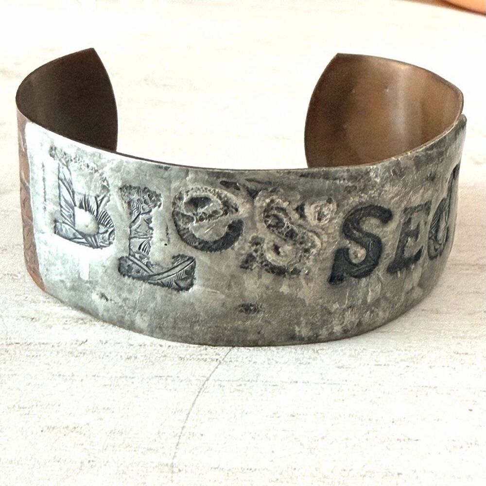 Vintage Handmade Copper BLESSED Mixed Metal Wide Cuff Bracelet